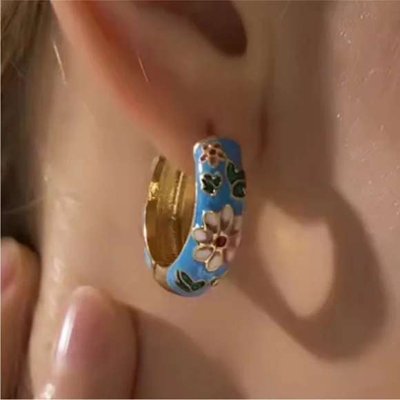 Colorful Festival Floral Blue and Gold Hoop Earrings - Picture 8 of 12